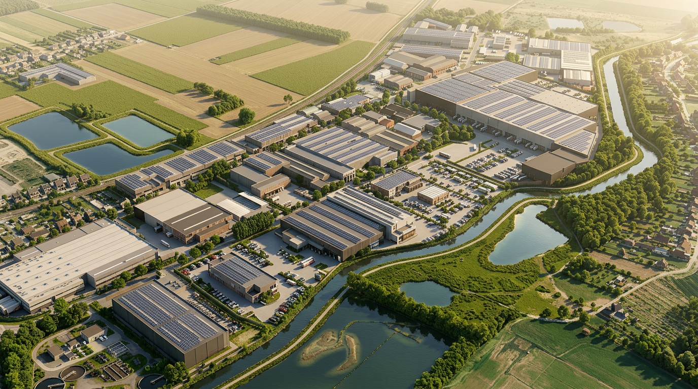 Schuine luchtfoto vanuit het zuidwesten bij gouden uur